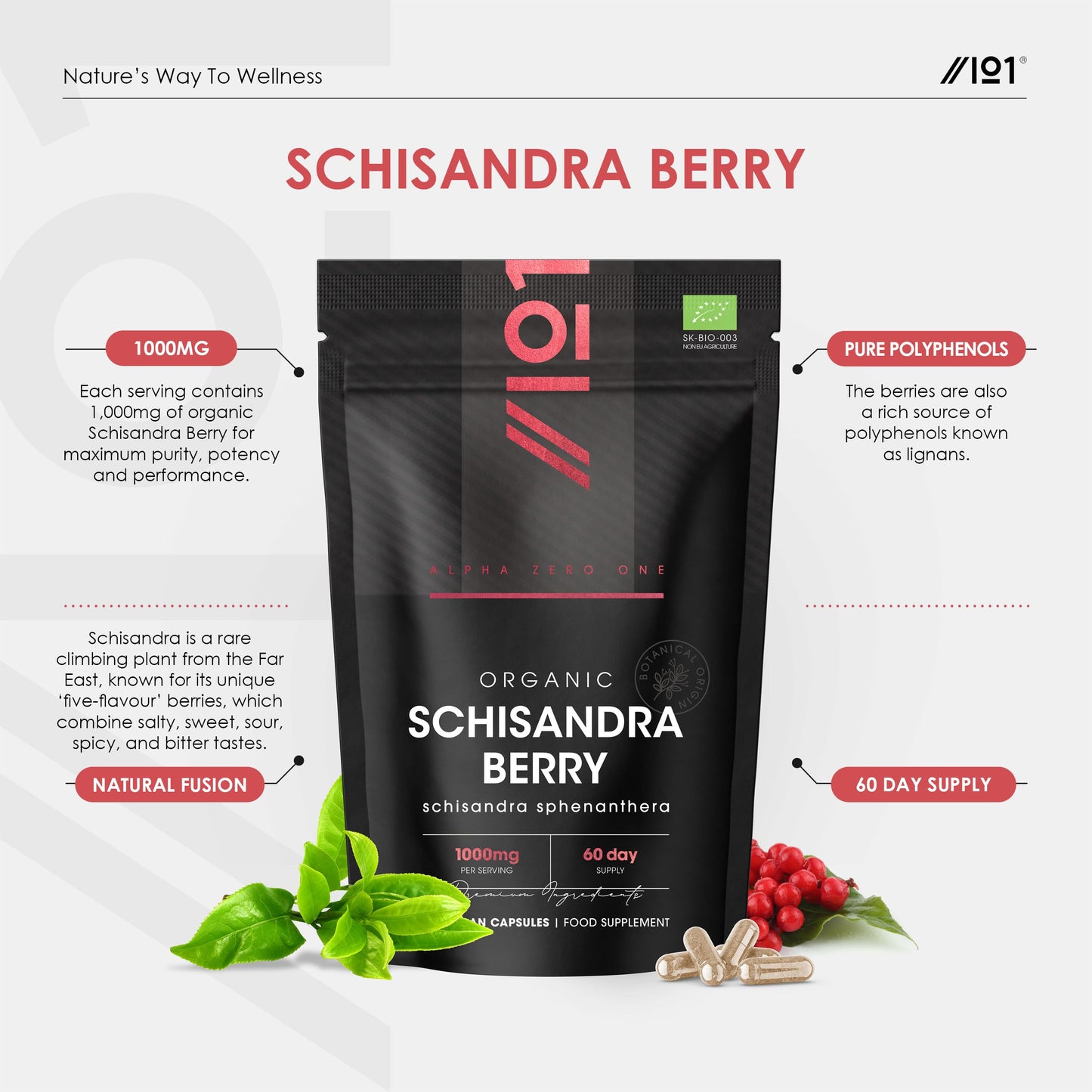 ALPHA01 Organic Schisandra Berry 1000mg – High Strength Formula - 120 Vegan Capsules – Resealable and Recyclable Pouch by Alpha01
