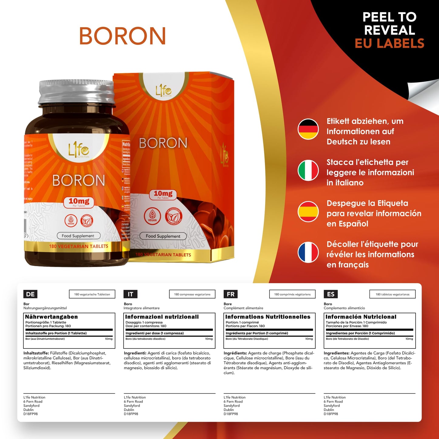 L1fe Nutrition LN Boron Supplements | 180 High Strength Vegan Boron Tablets - 10mg Supplement per Capsule | Non-GMO, Gluten, Dairy & Allergen Free | Manufactured in The UK