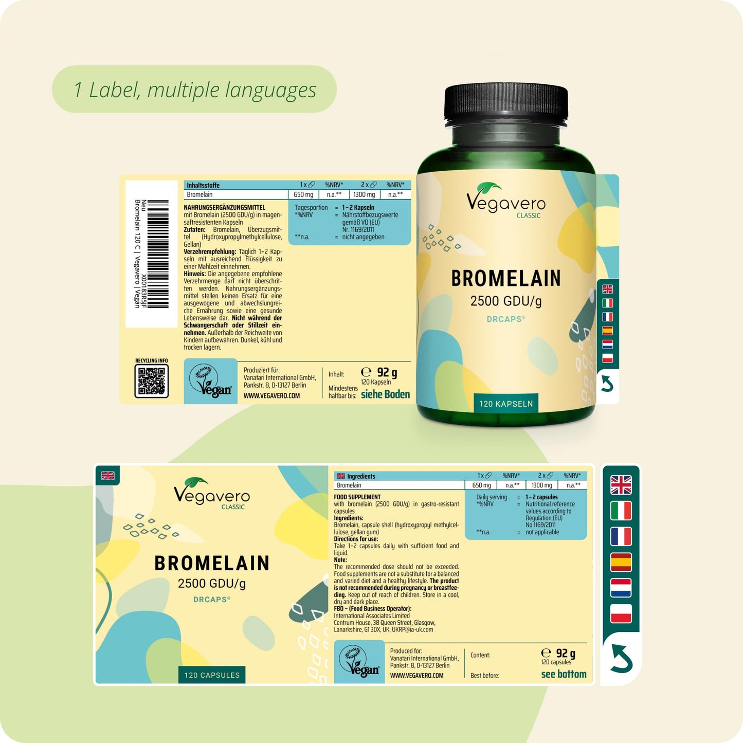 Vegavero Bromelain 650 mg | High Strength - 2500 GDU/g | Gastro-Resistant DrCaps | NO Additives, Lab-Tested | Pure Pineapple Enzyme | 120 Capsules | Vegan
