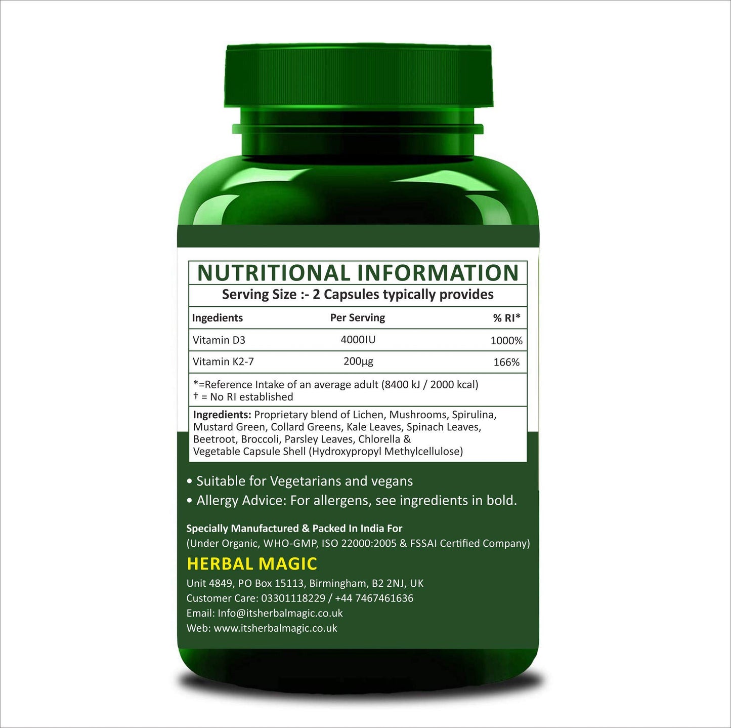 Herbal Magic Pure & Natural Plant Based Vitamin D3 (4000 IU) & K2 (200 mcg) in 2 Capsules, Whole Plant Used 60 x Veg Capsules - Lab Tested - No Maltodetxrin, Fillers, Preservatives