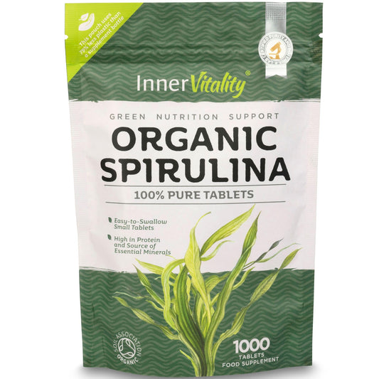Organic Spirulina Tablets 1000 Easy to Swallow Tablets - 100% Pure Certified Organic Tablets Rich in Essential Vitamins & Minerals by Inner Vitality