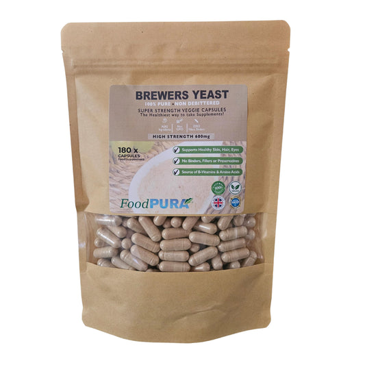 FoodPURA 180 x 600mg Brewers Yeast Capsules 100% Pure & Natural Not Debittered HACCP Certified Manufactured in The UK (180)