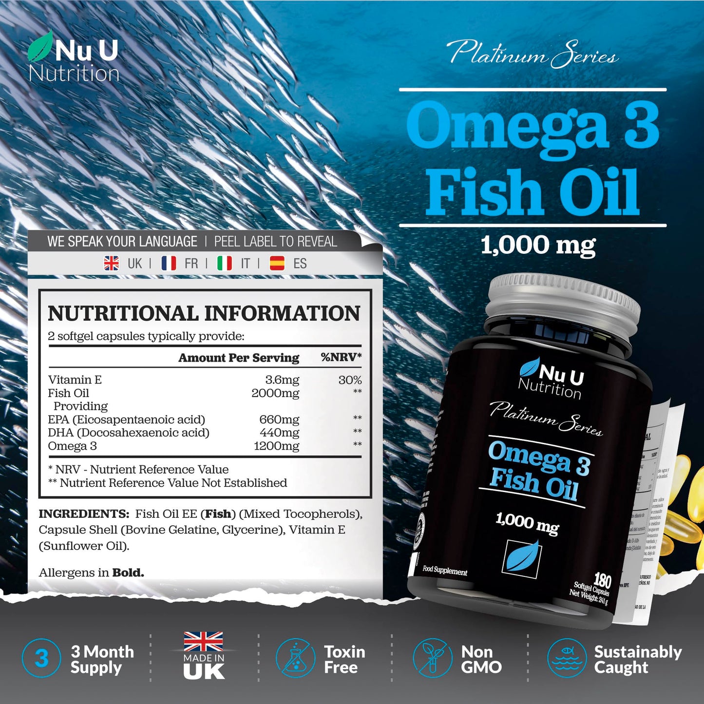 Omega 3 Fish Oil 1000mg - 180 Softgel Capsules - 3 Month Supply - Double Strength 660mg EPA & 440mg per Serving - with Added Vitamin E