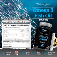 Omega 3 Fish Oil 1000mg - 180 Softgel Capsules - 3 Month Supply - Double Strength 660mg EPA & 440mg per Serving - with Added Vitamin E
