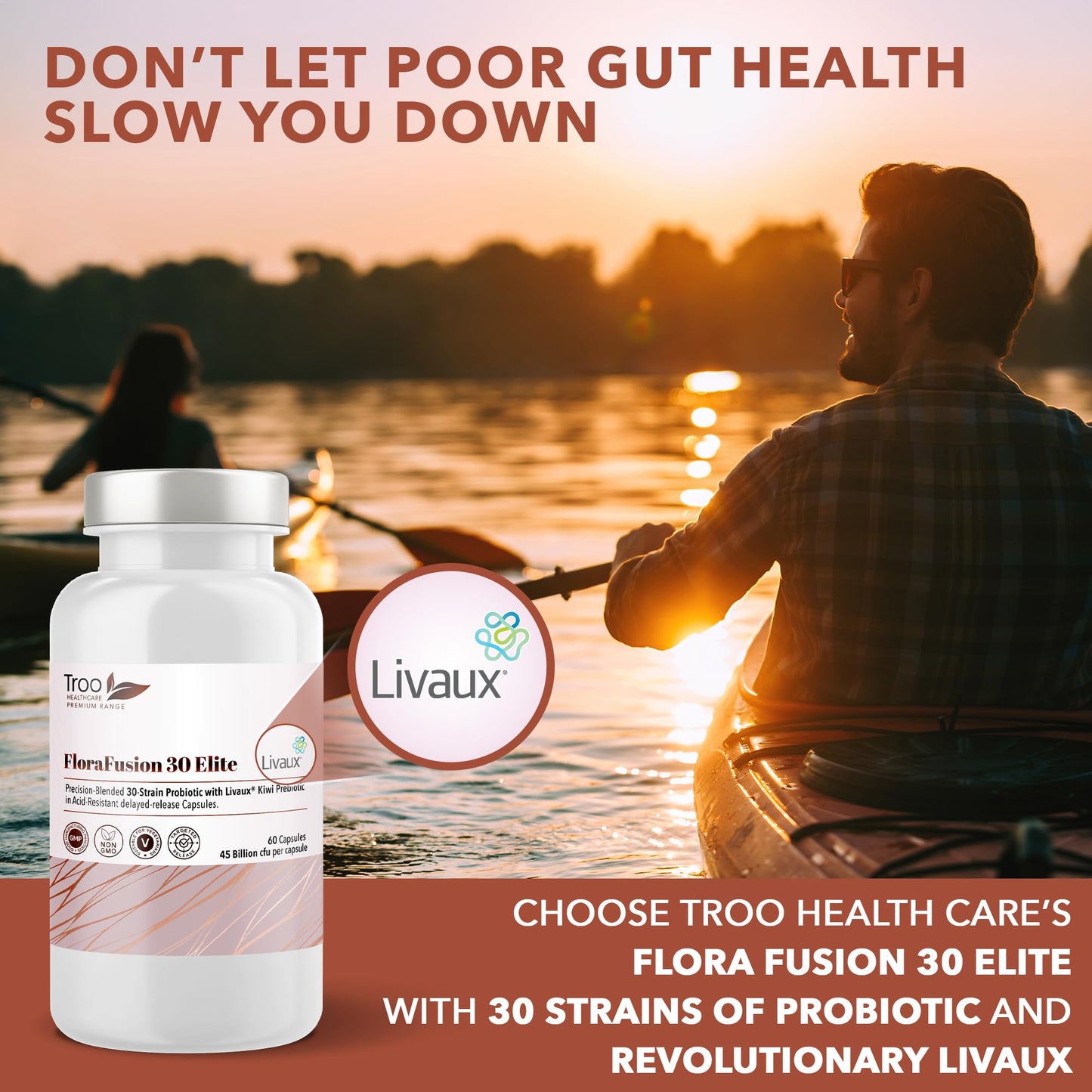 FloraFusion 30 Elite Advanced Probiotic and Livaux Prebiotic Active Cultures Supplement - 60 Capsules - 30 probiotics Strains with 45 Billion CFU Per Capsule (45 Billion CFU)