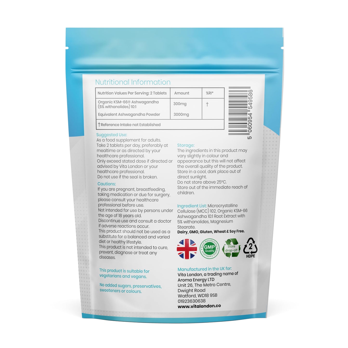 VL Vita London Ashwagandha KSM-66 High Strength Tablets 3000mg | 2 Month Daily Supply | 120 Organic Supplement Tablet (Not Capsule, Gummies or Powder) | Made in UK | Vegan