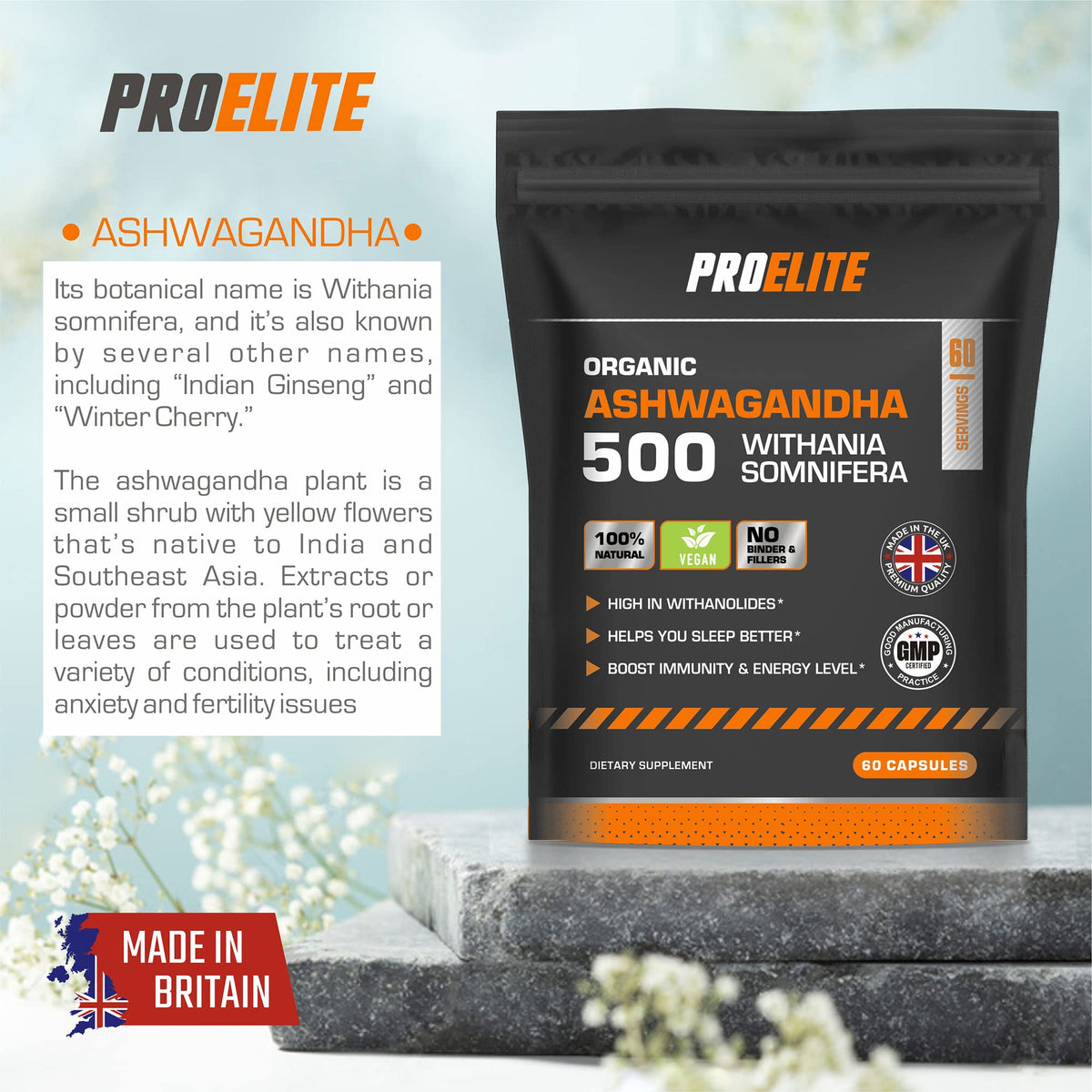 Ashwagandha 120 Capsules Organic Vegan Ashwagandha Root Powder Capsules Withania Somnifera 500mg High Strength 10,000mg Extract 20:1 | Stress Relief, Energy, Strength & Endurance by PRO-ELITE