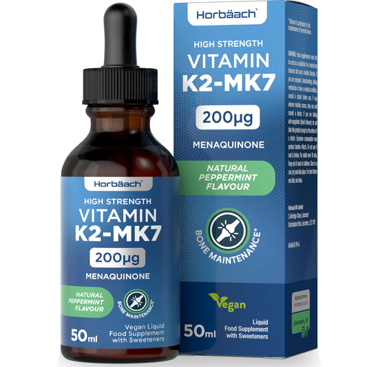 Vitamin K2 MK7 Drops 200ug | 50 ml | High Strength Vitamin K2 as Menaquinone MK7 | Peppermint Flavour | Vegan Liquid Food Supplement | by Horbaach