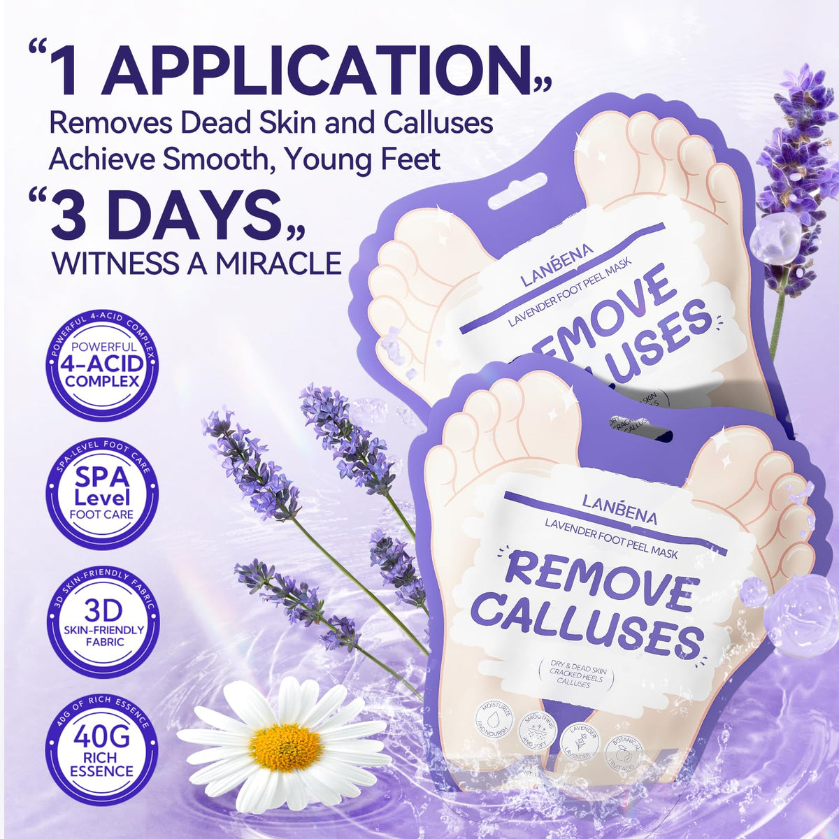 LANBENA Foot Peel Mask - 1 Pair Moisturizing and Exfoliating Foot Peeling Mask for Dry, Cracked Feet | Callus Remover | Skin - Friendly and Effective for Baby Soft Feet, Men and Women (Lavender)