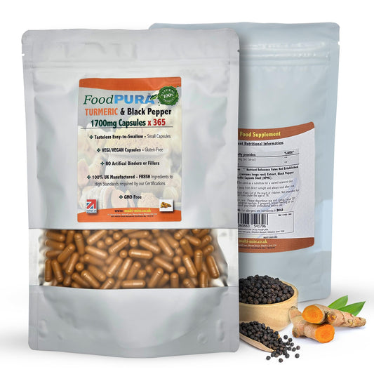 FoodPURA Turmeric with Black Pepper Capsules High Strength 1700mg HACCP Certified, Manufactured in The UK by FoodPURA 1 Pack of 365 Capsules … …
