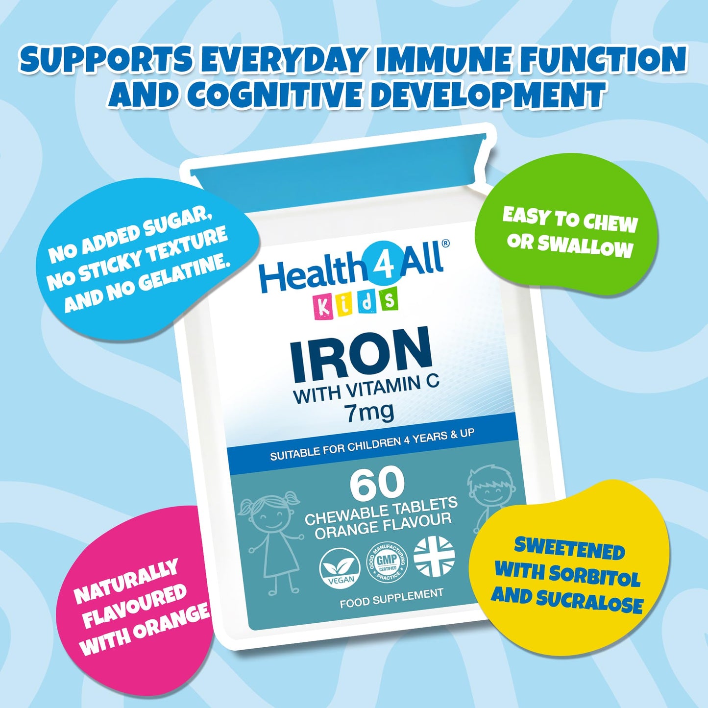 Health4All Kids Iron 60 Chewable Tablets 2 Months Supply, Vegan Sugar-Free Iron Supplement for Children 4+ Supports Learning, Growth & Immune System, Natural Orange Flavour, Made in UK (not Gummies)