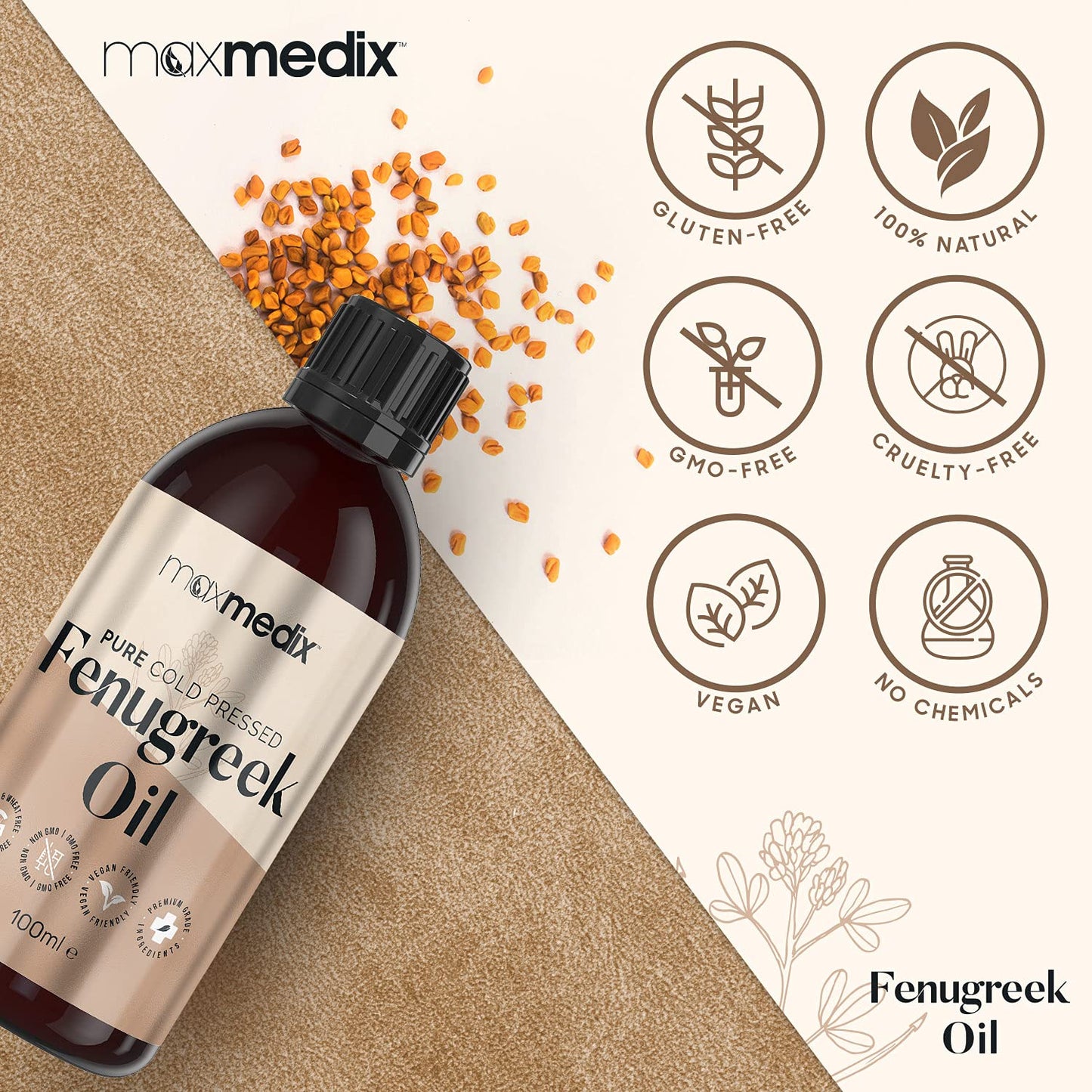 Fenugreek Oil 100ml - Pure Cold Pressed Fenugreek Extract Oil For Skin, Body, Nails & Hair - Fenugreek Essential Oil For Beard growth, Hair Growth & Toned Skin - Vegan Friendly - For Both Women & Men