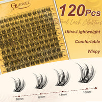 QUEWEL Wispy Cluster-Lashes Natural Look, D Curl Reusable Eyelash Extension Kit, 120 Pcs Super Thin Band Eyelash Clusters Kit with Lash Bond and Seal Waterproof and Lash Tweezer(Feather 01-kit）