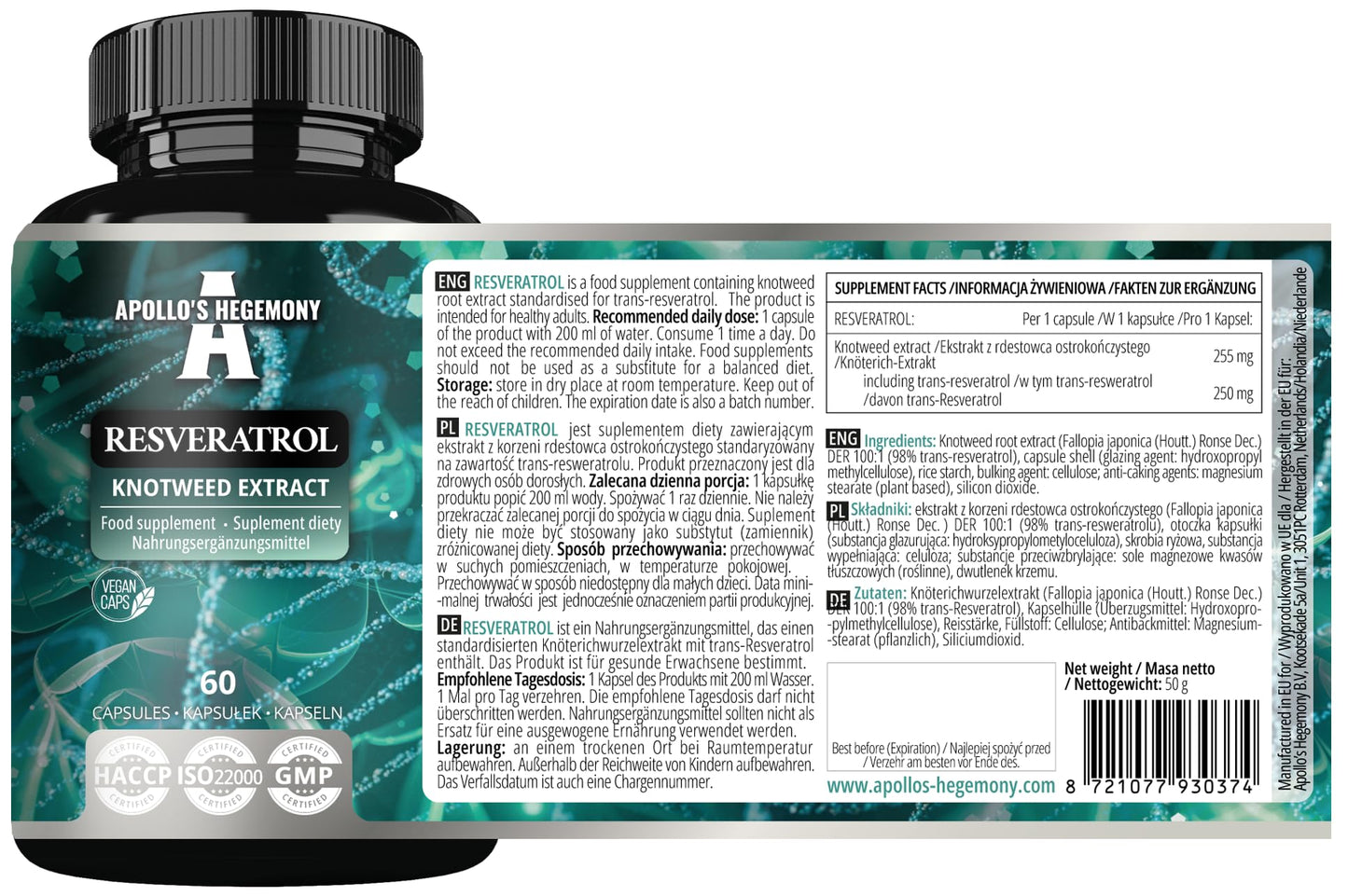 Resveratrol High Dose 400 mg - 60 Vegan Capsules - 2 Months Supply - 98% Trans-Resveratrol from Japanese Knotweed Extract - Natural Antioxidant - by Apollo's Hegemony