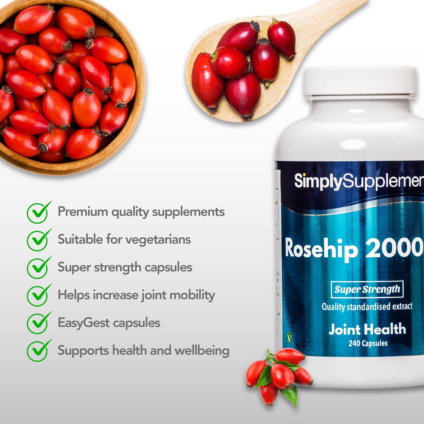 Simply Supplements Rosehip Capsules 2000mg | 240 Rosehip Extract Capsules = Up to 8 Month Supply | With Added Vitamin C to Support Joint Cartilage & Immune Function | Vegan & Vegetarian Friendly | Manufactured in the UK