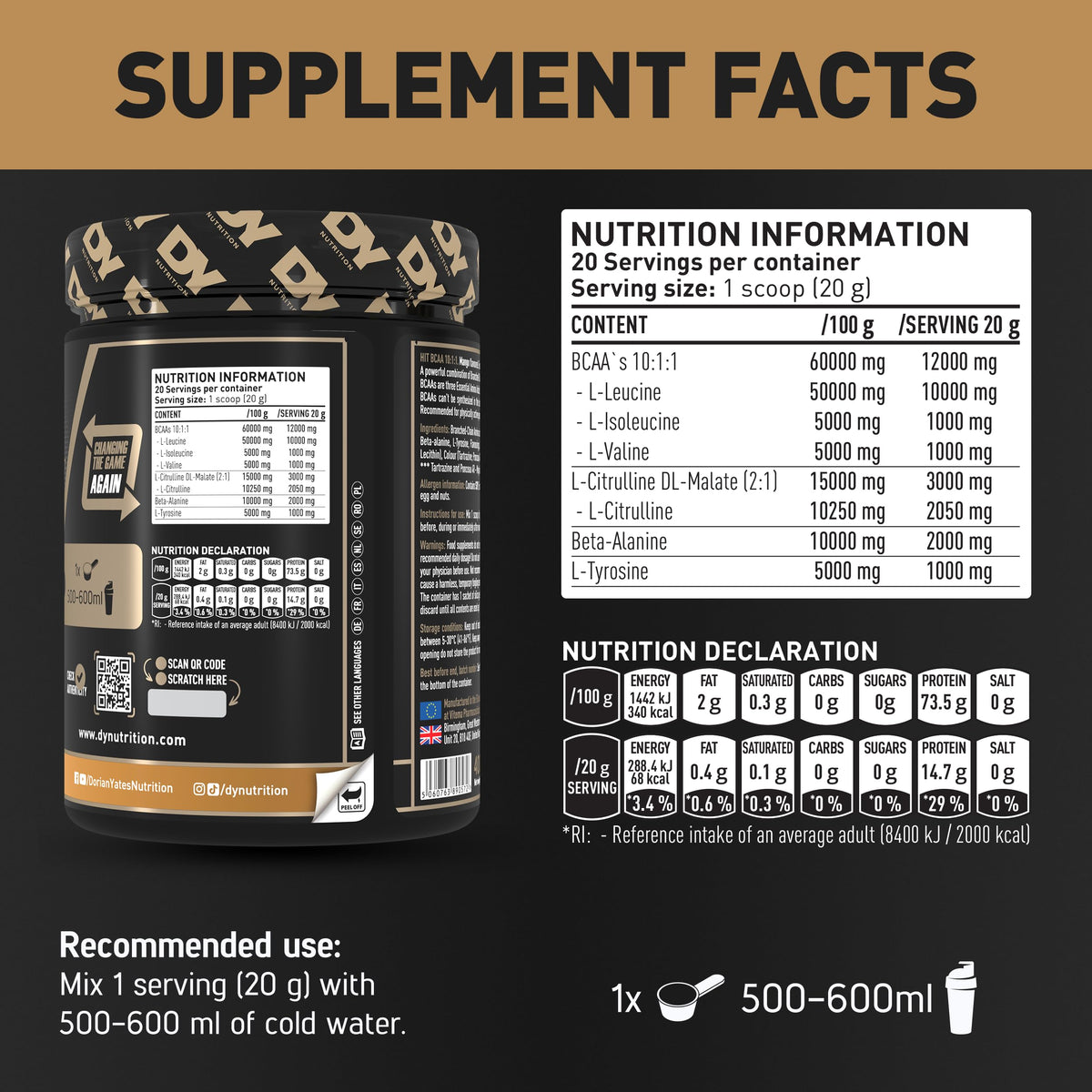 DY Nutrition HIT BCAA 10:1:1 (Orange) with L-Citrulline Malate, Beta Alanine + 12g of Branch Chain Amino Acids 400g Powder, 20 Servings - Optimal Pump & Performance | Non Stim Pre & Intra Workout