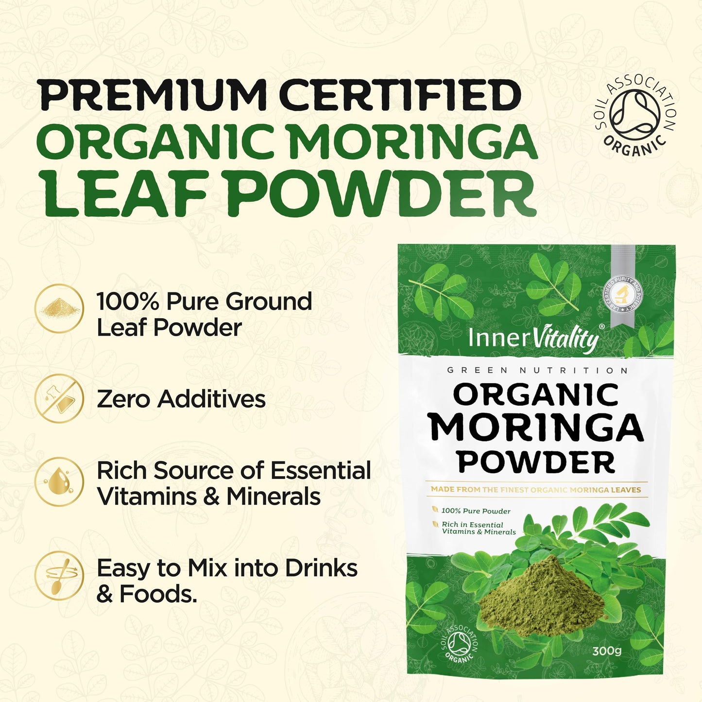 Organic Moringa Powder, Premium Certified Organic Pure Moringa 300g. Rich in Essential Vitamins & Minerals by Inner Vitality