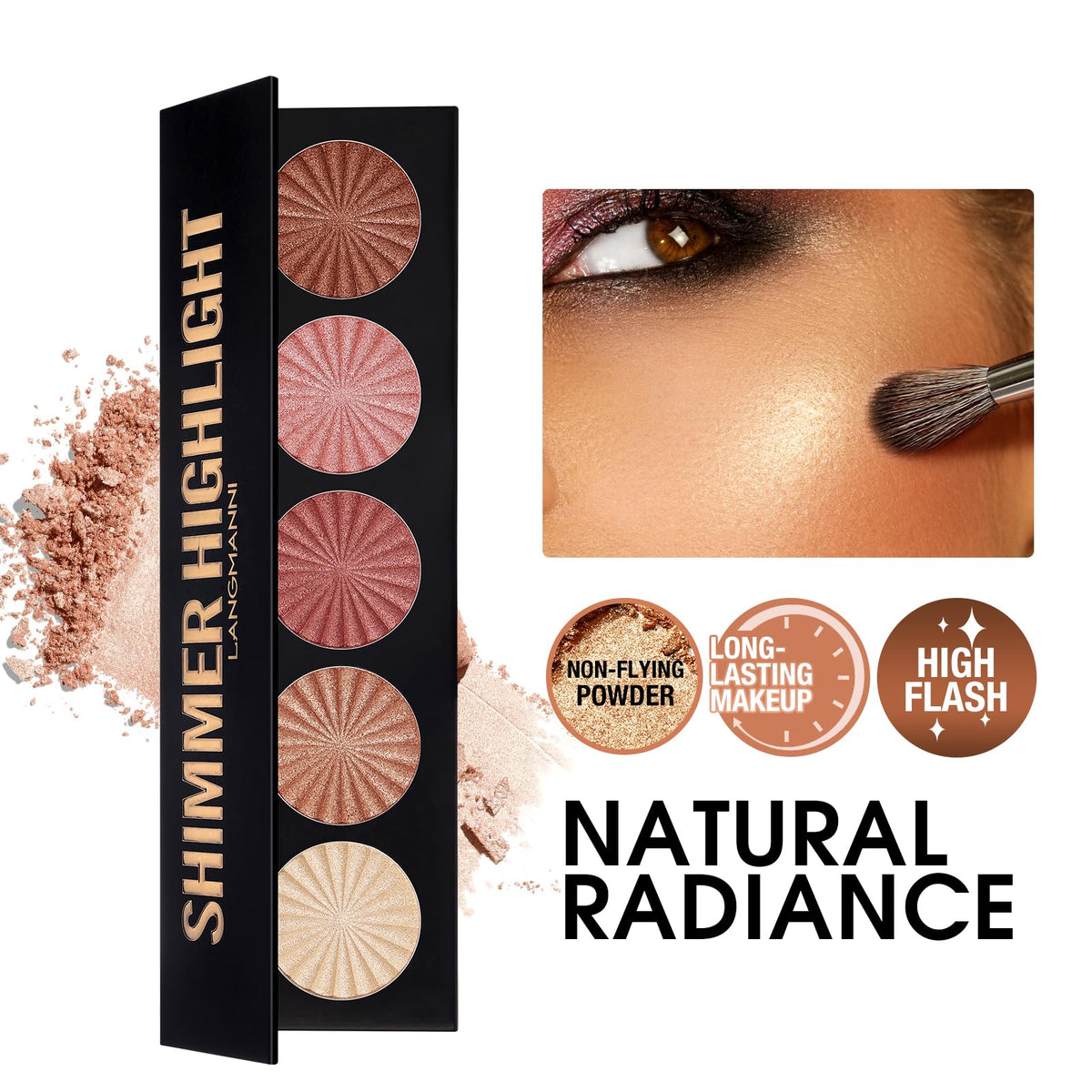 LANGMANNI Highlighter Powder Palette, Makeup Facial Bronzers Illuminator Palette Highlighter Baked Waterproof Long Lasting Brilliant Lighten Skin Color