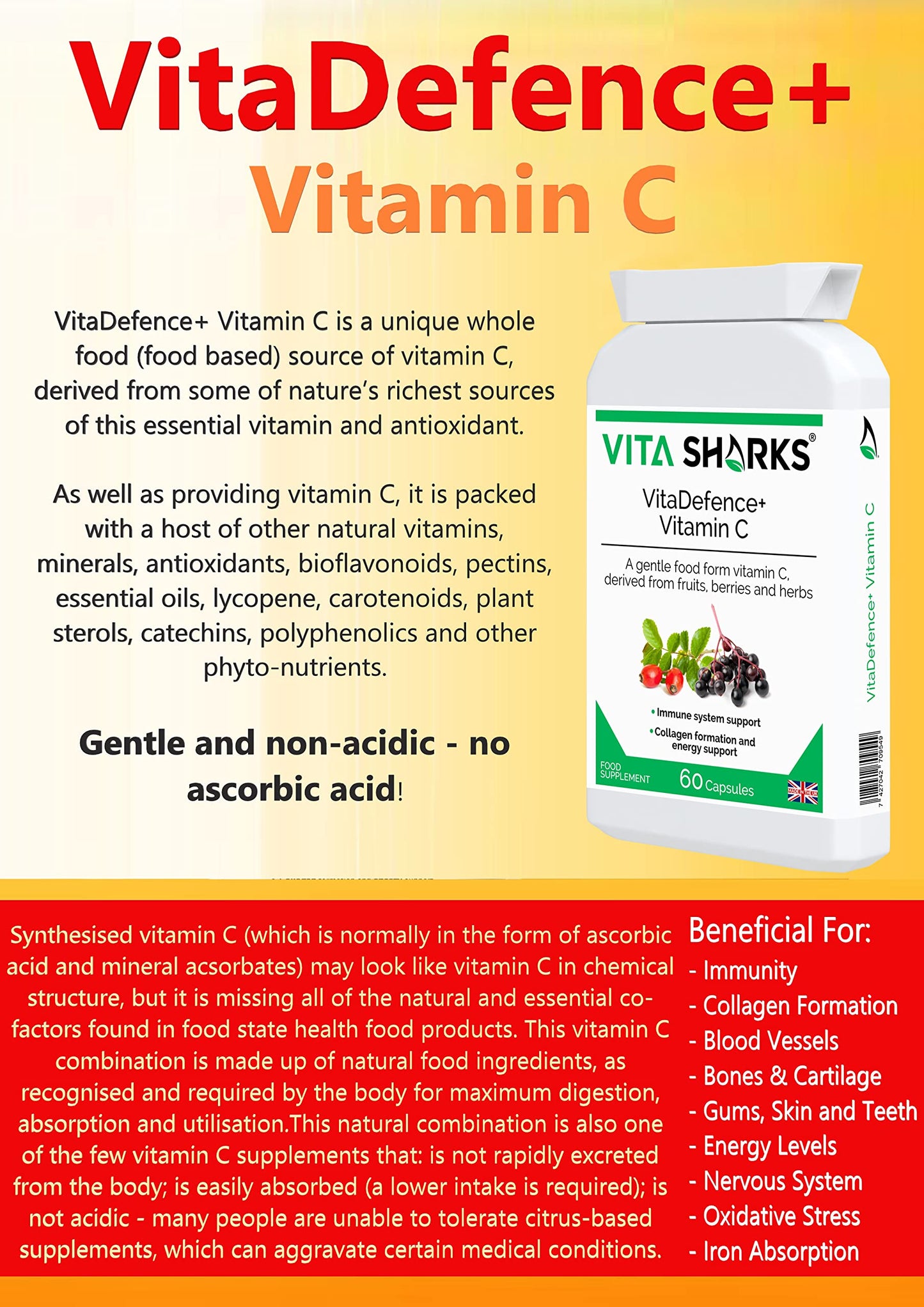 Vita Sharks VitaDefence+ Vitamin C - Bespoke Potent & Comprehensive All-in-One Vegan Anti-Oxidant Formula to Defend, Support & Boost Overall Immunity - Kosher