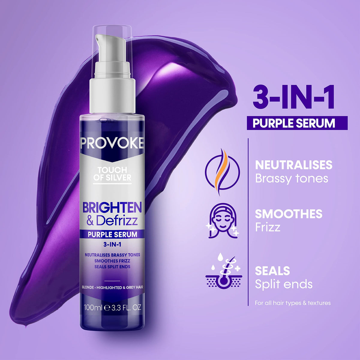PROVOKE Touch of silver Brighten and Defrizz Purple Serum 100 ml. Neutralise Brassy Tones. Anti Frizz, Seal Split Ends. Plant-Based Keratin. Purple Pigments. For Blonde, Highlighted and Grey Hair