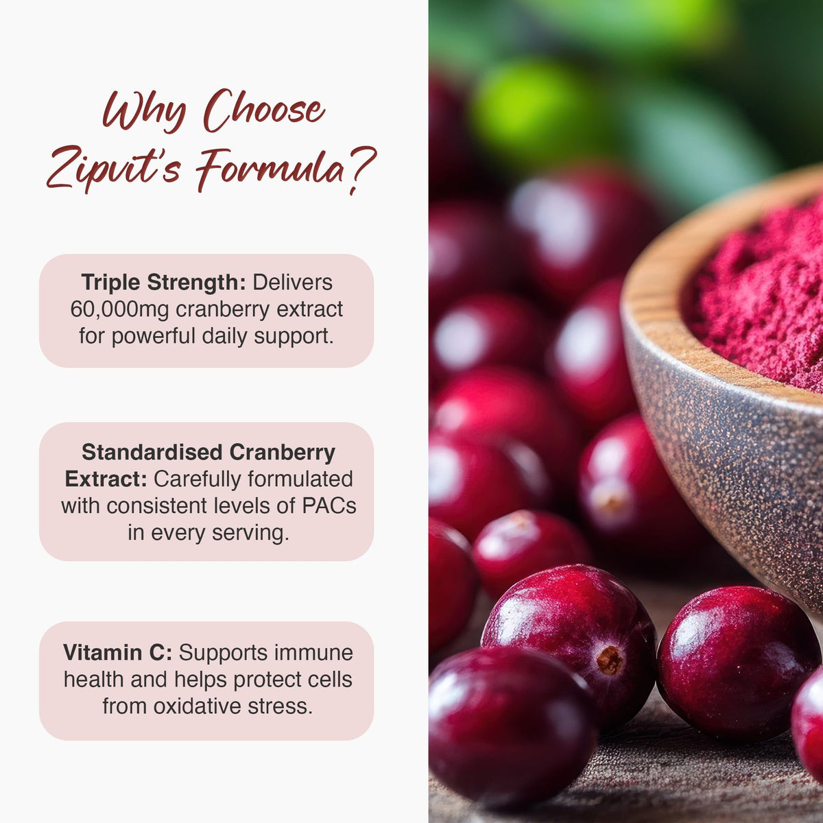 Zipvit Triple Strength Cranberry 60,000mg, High Strength Cranberry Extract with Vitamin C, 90 Vegan Capsules for Immune Support, 1 Month Supply, Supplement for Men & Women