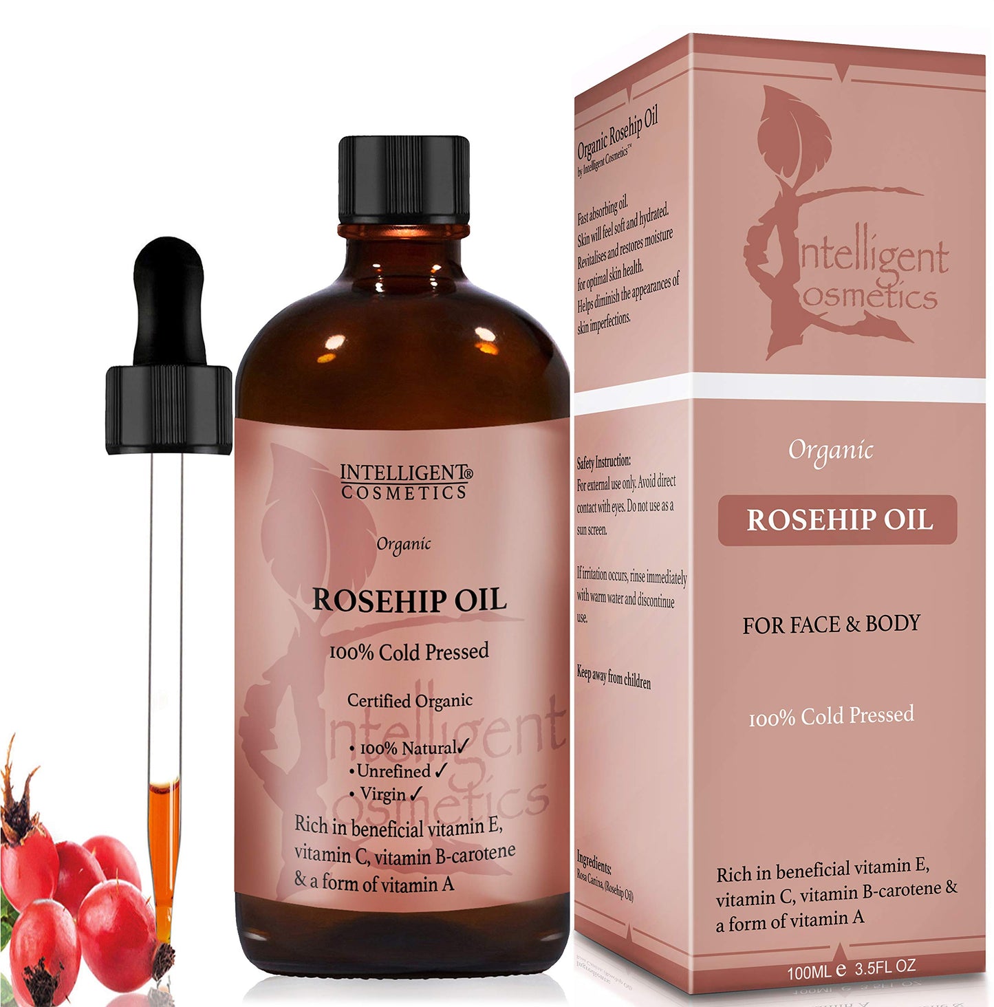 intelligent cosmetics Rosehip Oil & Jojoba Oil 100% Cold Pressed Pure Certified Organic Oil 100ml in Each Bottle, Natural Vitamin E, Vitamin C, for Face, Hair, Nails, Body