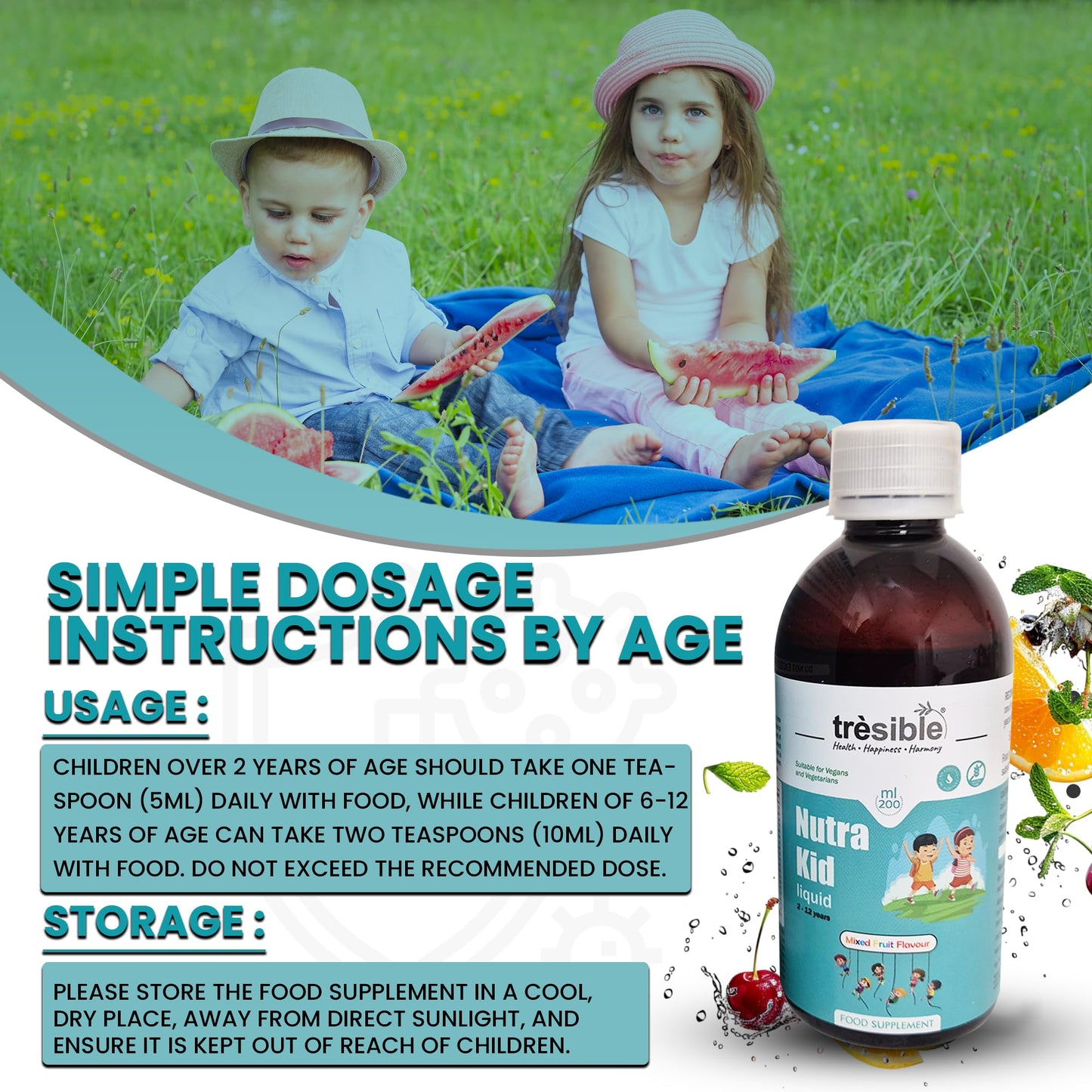 Tresible Trèsible Nutra Kids Multivitamins Liquid for Immune Support (2 to 12 Years) - Kids Vitamins with EPA, DHA and Zinc - Multivitamin for Kids, Toddlers Vitamins Age 2, Baby Vitamins with Biotin, Vegan