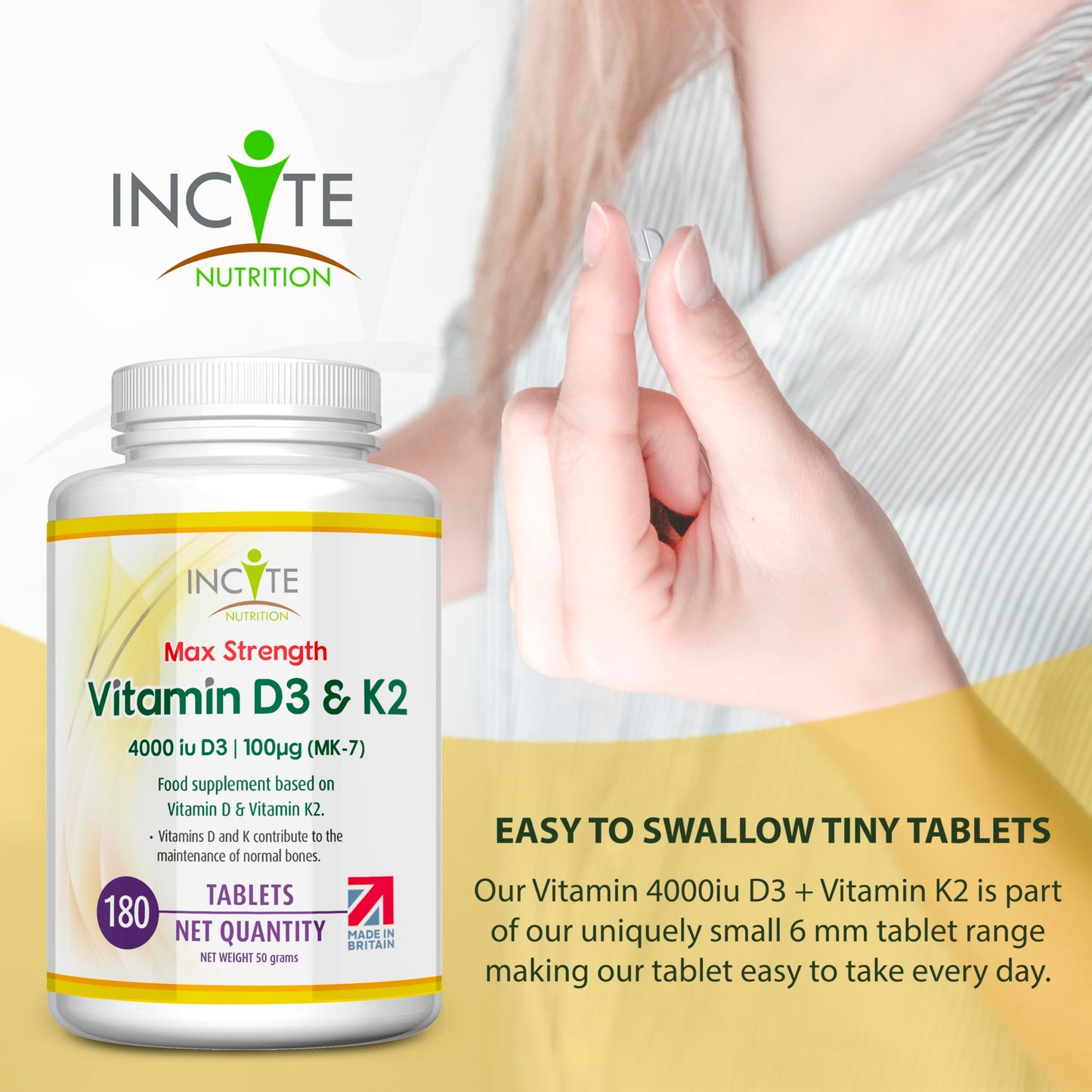 Vitamin D3 K2 (MK7) 100 UG - Vitamin D3, 4000iu & Vitamin K2-180 Premium Vegetarian Tablets - 6 Month’s Supply - High Strength Quality - Made in The UK by Incite Nutrition®