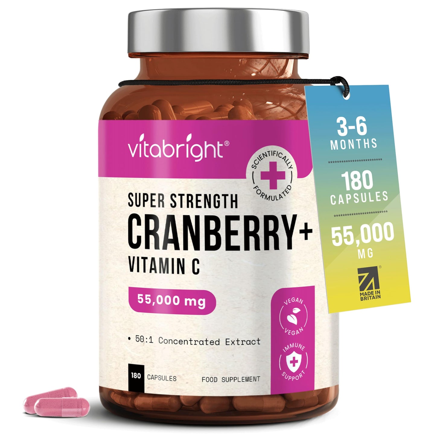 VitaBright Cranberry Tablets with Natural D-Mannose | 55,000mg | 180 Capsules | 3 Month Supply | Cranberry Supplements for Women with Vitamin C | No Added Sugar | High Strength Extract