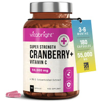 VitaBright Cranberry Tablets with Natural D-Mannose | 55,000mg | 180 Capsules | 3 Month Supply | Cranberry Supplements for Women with Vitamin C | No Added Sugar | High Strength Extract