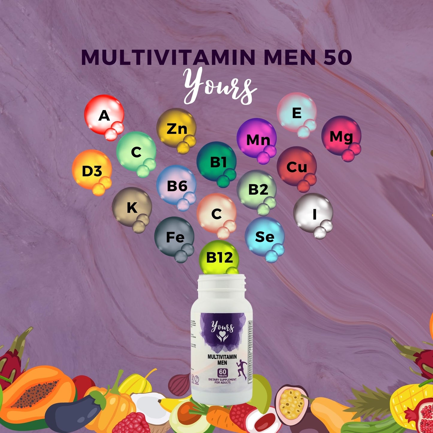 YOURS Yours Multivitamin Men Formulated Specifically for Men, Support Metabolism, Healthy Skin, Improve Bone Health, Good for Healthy Hair, 60 Tablets, Two Month Supply, Once Daily