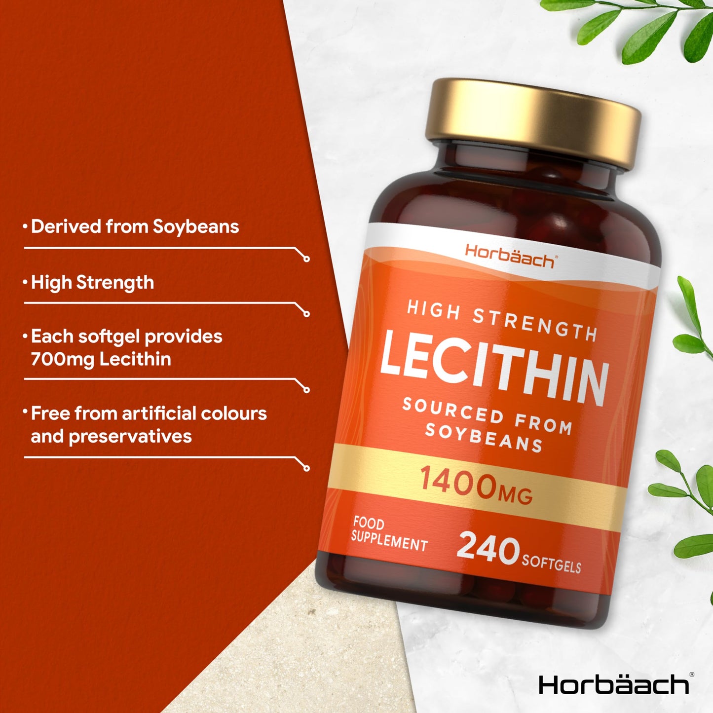 Horbäach Soy Lecithin 1400mg | 240 Softgel Capsules | High Strength Lecithin Sourced from Soy Beans | Preservative Free | by Horbaach