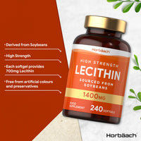 Horbäach Soy Lecithin 1400mg | 240 Softgel Capsules | High Strength Lecithin Sourced from Soy Beans | Preservative Free | by Horbaach