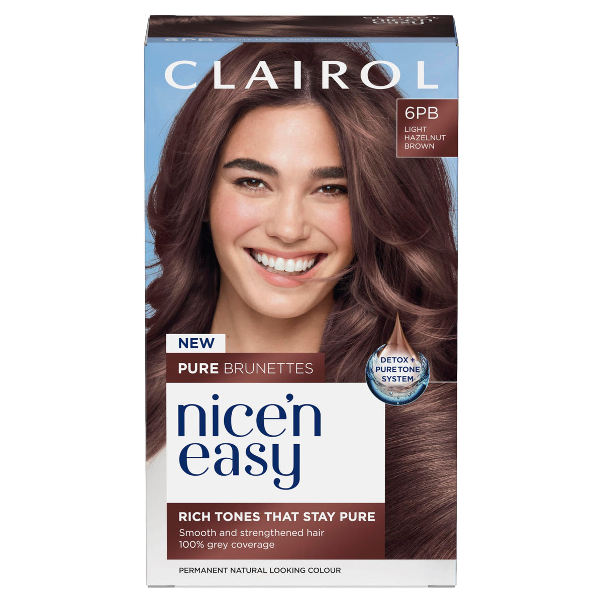 Clairol Nice n’ Easy Pure Brunettes Hair Colour | Pure and Rich Brown Tones | Smooth, Natural Hair Colour | With Pre-Colour Serum | 100% Grey Coverage | 6PB Light Hazelnut Brown| Permanent Hair Dye