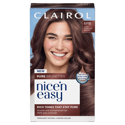 Clairol Nice n’ Easy Pure Brunettes Hair Colour | Pure and Rich Brown Tones | Smooth, Natural Hair Colour | With Pre-Colour Serum | 100% Grey Coverage | 6PB Light Hazelnut Brown| Permanent Hair Dye