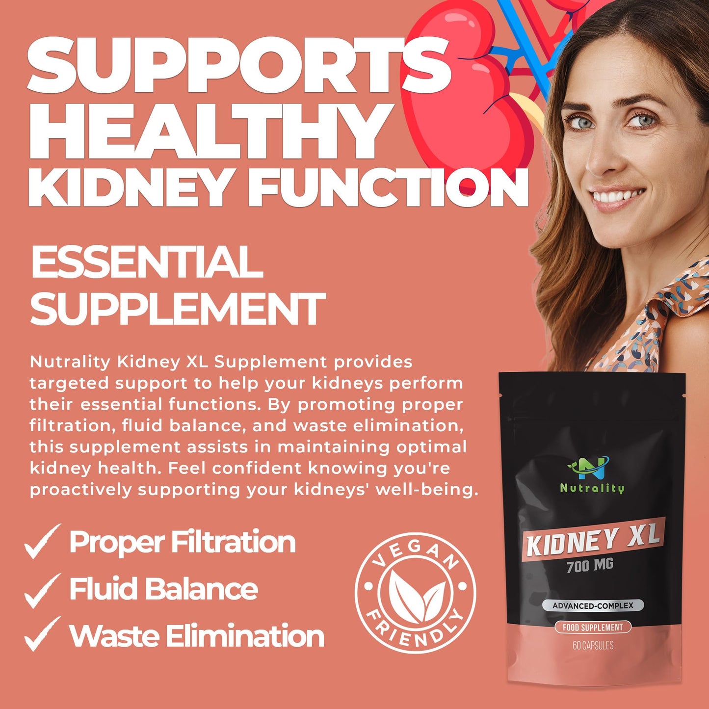 Nutrality Kidney XL Supplement 700mg Advanced Complex | Promotes Healthy Kidney Function and Urinary Tract Health | Natural Ingredients, Cranberry Extract | 60 Capsules. Vegan