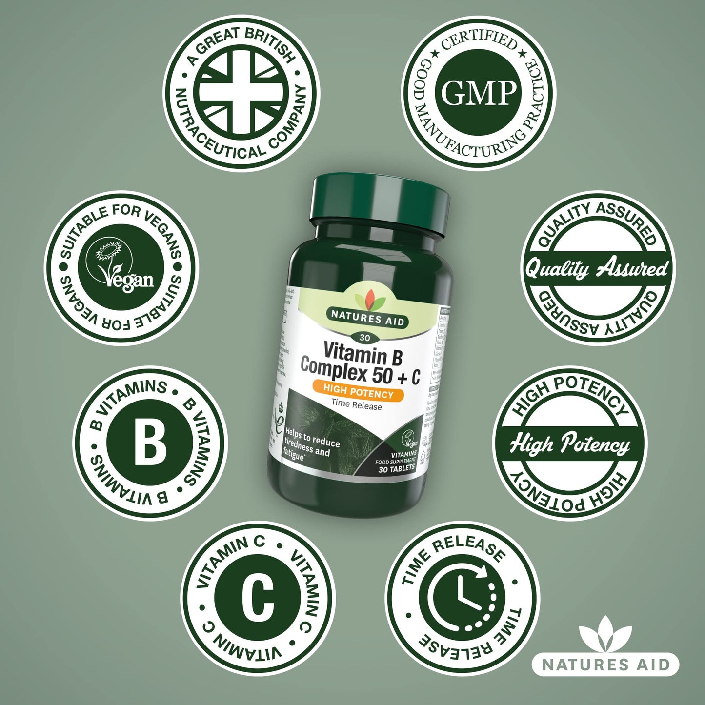 Natures Aid Vitamin B Complex 50 + C (High Potency) with Vitamin C - 30 Tablets