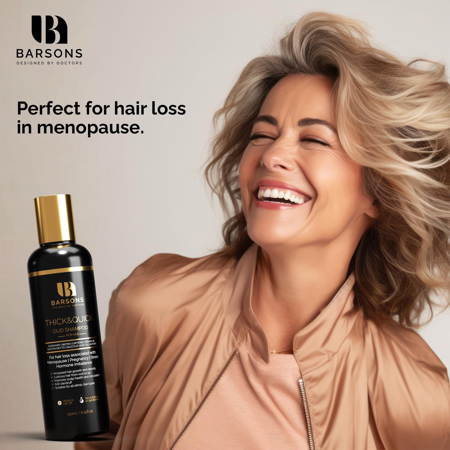 BARSONS Oud Shampoo for HER. Luxury Haircare Formula, designed by Doctors & Hair Stylists | Rosemary Oil, Argan Oil, Biotin, Caffeine, Saw Palmetto | Nourishing Shampoo for Thicker & Fuller Hair