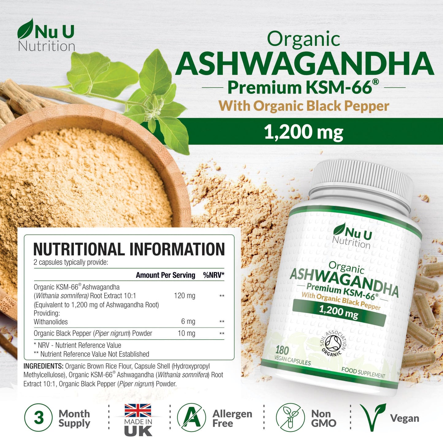 Organic Ashwagandha KSM-66® 1200mg - 180 Vegan Capsules not Tablets - High Strength Ashwaganda Root Extract with Organic Black Pepper - Made in The UK - Nu U Nutrition