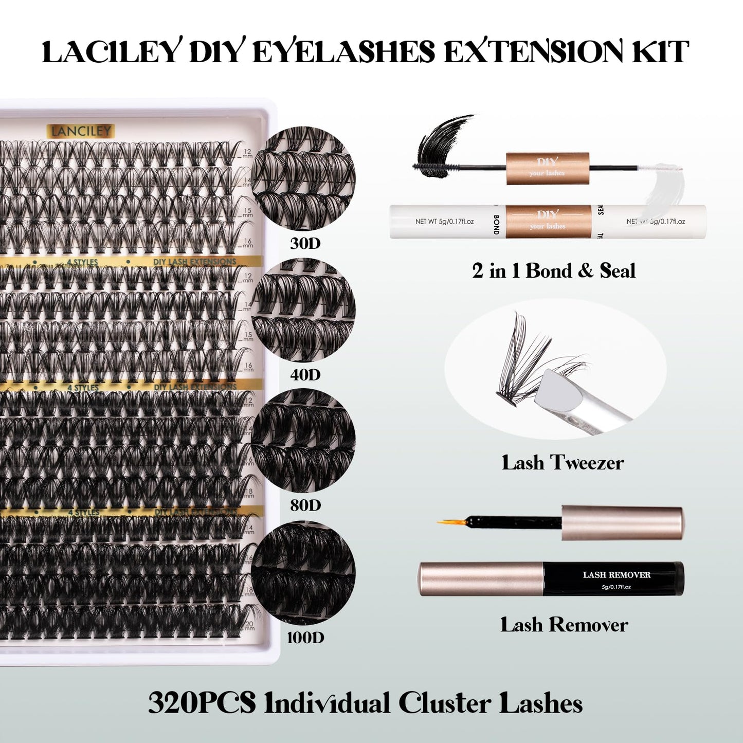 Lanciley Cluster Lashes 320PCS Volume Individual Eyelashes 30D+40D+80D+100D Lash Extension Kit 12-20MM Natural Lash Clusters DIY Eyelash Extension Kit with Lash Bond and Seal Lash Tweezers-30+40+80+100D