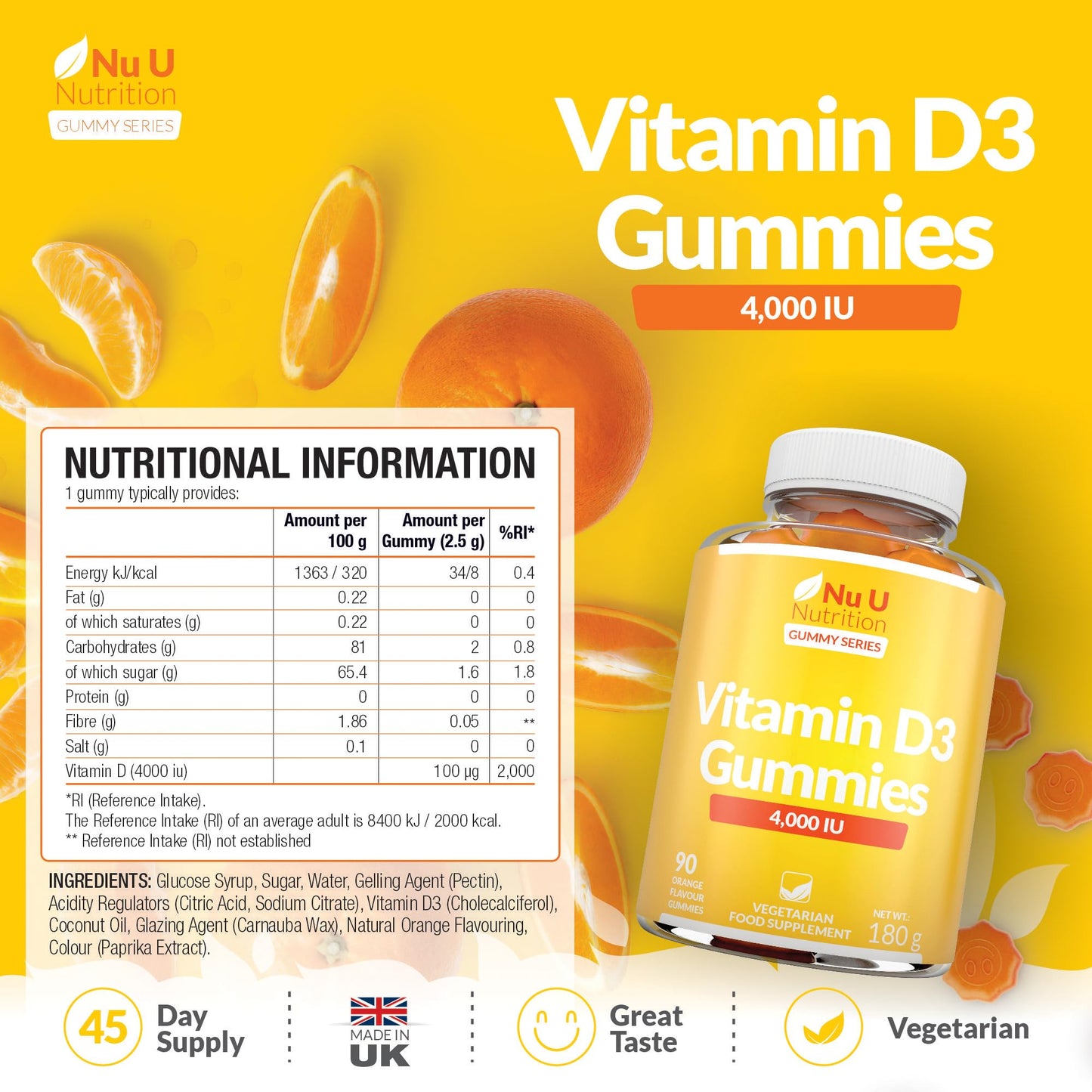 Vitamin D3 Gummies 4000IU Adults - 90 Vegetarian Gummies - Natural Orange Flavour - Chewable VIT D Gummy Supplement - Made in the UK - Nu U Nutrition