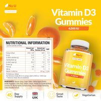 Vitamin D3 Gummies 4000IU Adults - 90 Vegetarian Gummies - Natural Orange Flavour - Chewable VIT D Gummy Supplement - Made in the UK - Nu U Nutrition