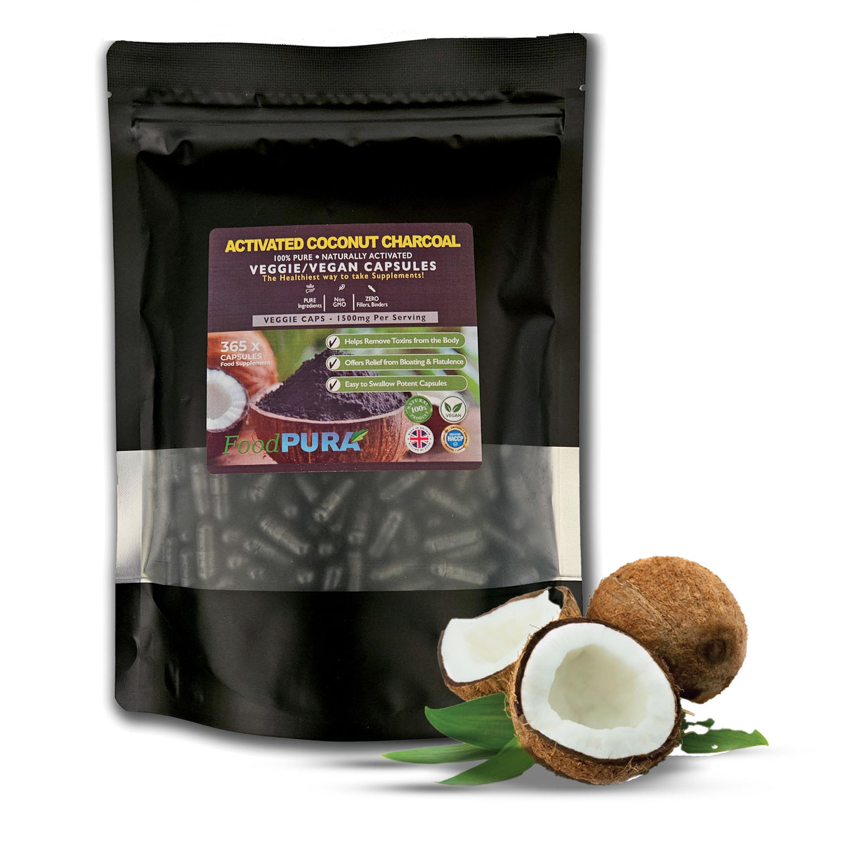 FoodPURA 100% Natural 365 High Strength Coconut Activated Charcoal Capsules not Tablets 1500mg Digestive Support Reduces Bloating & Flatulence After Eating Vegan(365)