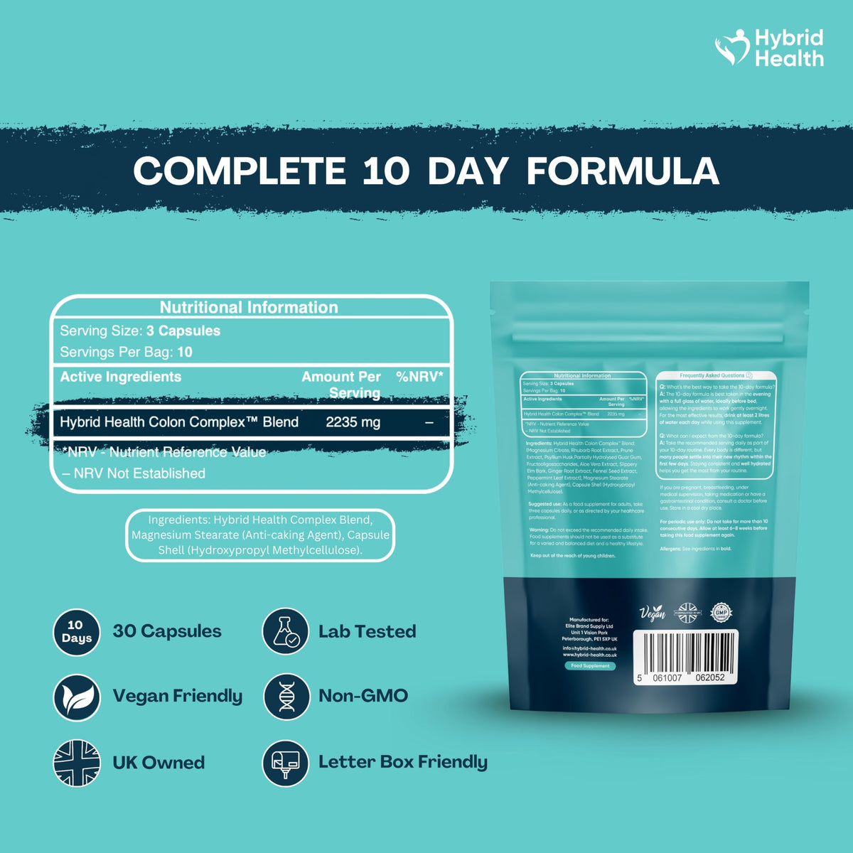 Hybrid Health Colon Cleanse 10 Day Detox Supplement for Men & Women - 30 Vegan Gut Cleanse Capsules, New & Improved Formula