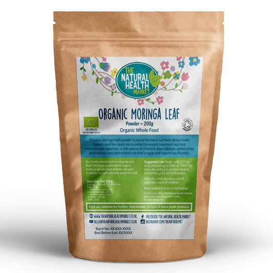 The Natural Health Market Organic RAW Moringa Leaf Powder - Certified Moringa Oleifera 13 Vitamins and Minerals and Over 19% Fibre and 27% Protein. (200g)