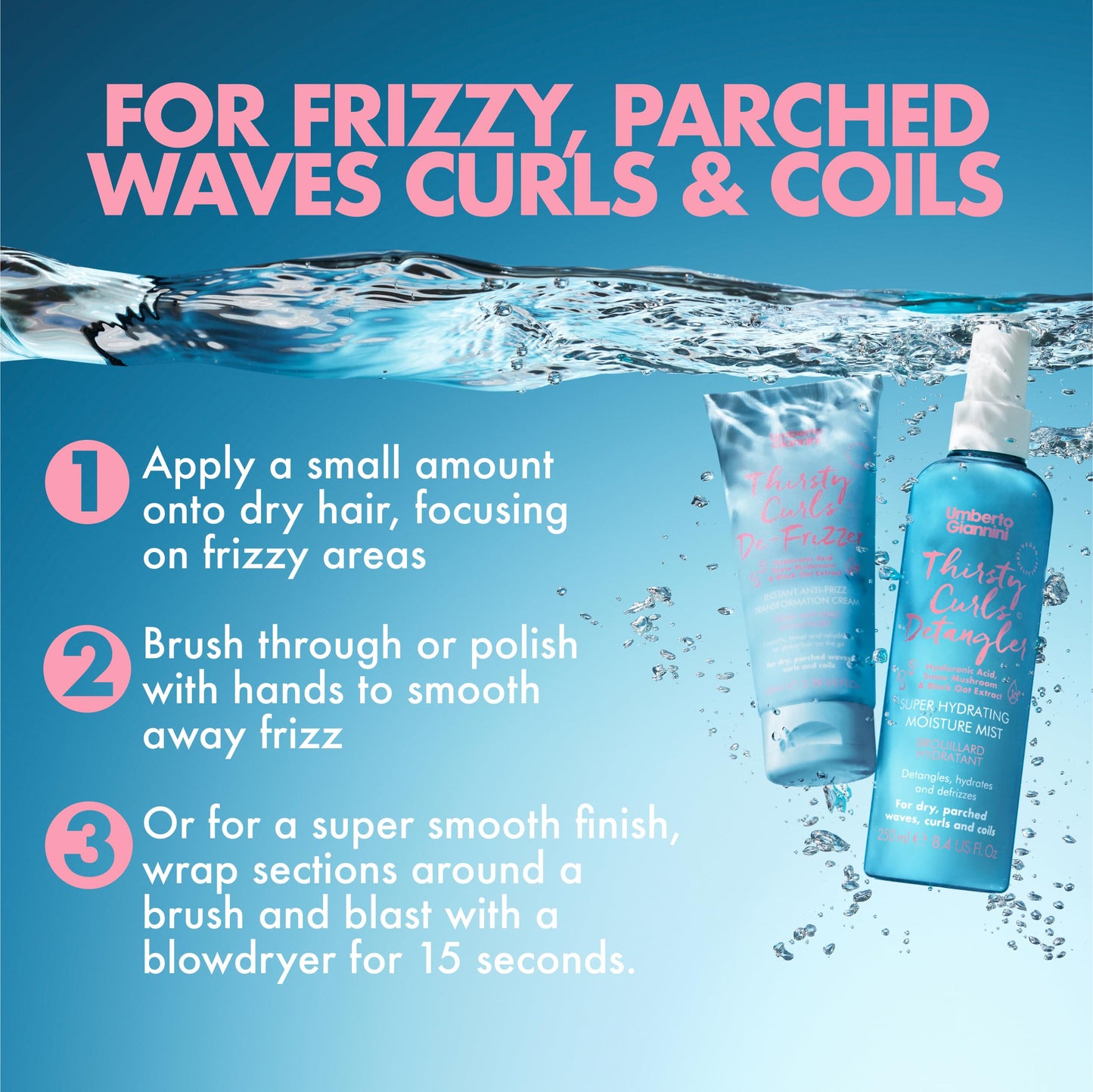 Umberto Giannini Thirsty Curls De-Frizzer Instant Anti-Frizz Transformation Cream 100ml - Vegan Curl Cream For Dry and Dehydrated Hair