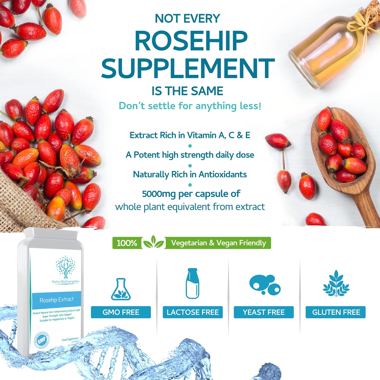 Rosehip 5000mg 120 Capsules - High Strength 250mg 20:1 Extract Rich in Vitamin A, C & E, Carotenoids, Beta-Carotene, Lutein, Lycopene, Polyphenols and Flavonoids