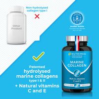 Pure Marine Collagen (900mg) - Enriched with Vitamins C and E – Patented Premium Type I & II Hydrolysed Collagen - Skin Hydration - Protect Bones and Joints - 90 Capsules - French Expertise