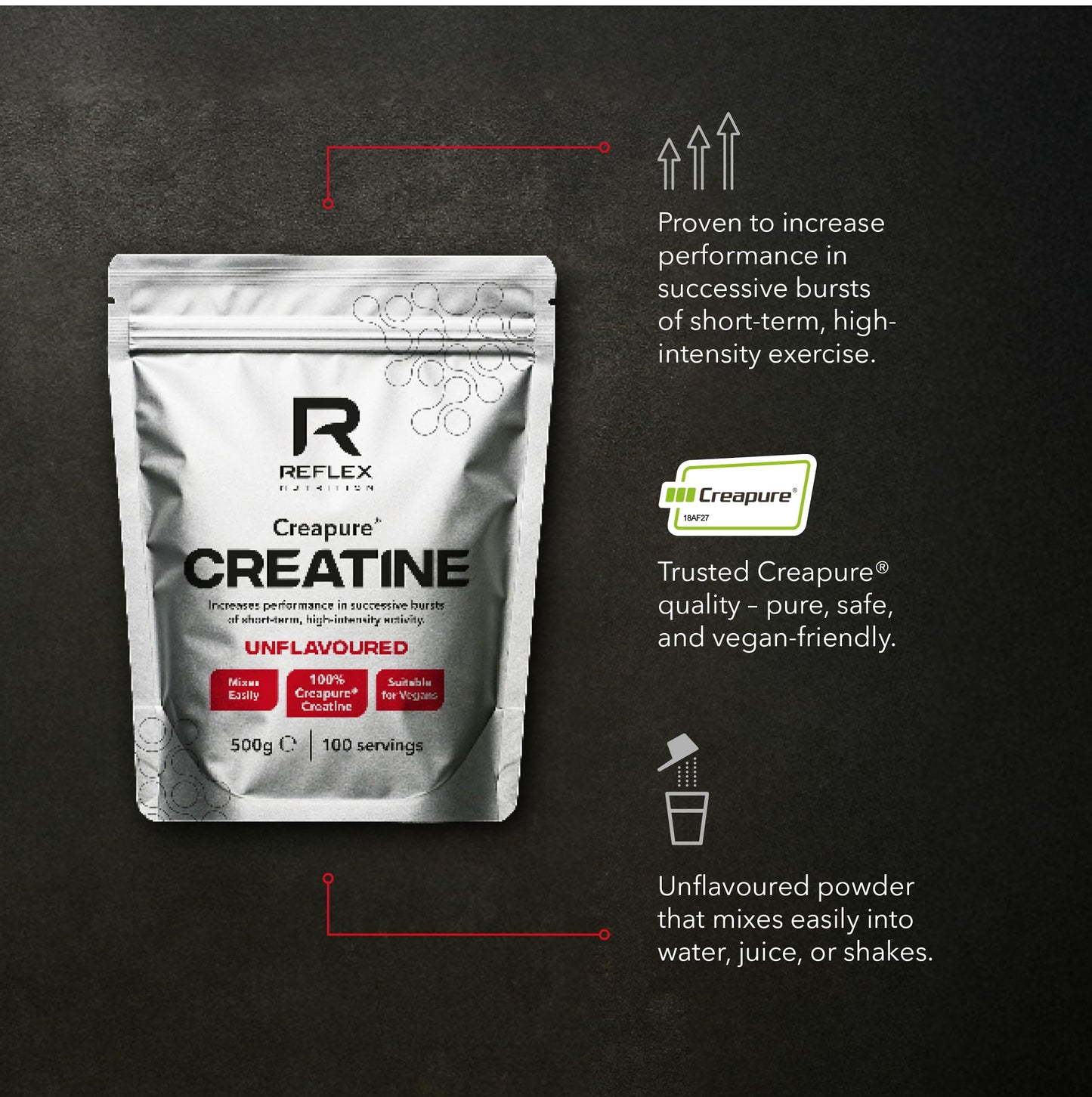 Reflex Nutrition Creapure® Creatine Monohydrate Powder Unflavoured - 100% Creatine for Strength, Muscle Gains & Recovery - No Fillers or Additives - 500g (Vegan Creatine 5g per Serving, 100 Servings)