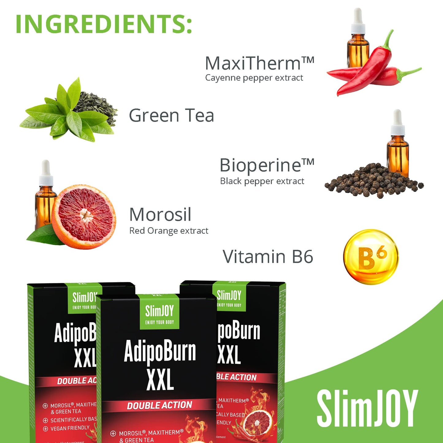 Slimjoy SlimJOY AdipoBurn XXL - Extract of Green Tea Leaves, Cayenne and Caffeine - with Free E-Book Guide - 3 x 30 Capsules